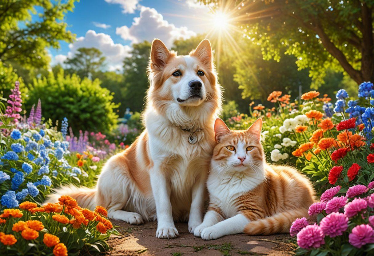 A heartwarming scene depicting a rescued dog and cat cuddling together in a sunlit park, surrounded by vibrant flowers and lush greenery. In the background, a gentle human figure kneels, providing care and love. The sky is a bright blue with fluffy clouds, symbolizing hope and healing. The overall atmosphere is serene and uplifting. super-realistic. vibrant colors. natural setting.