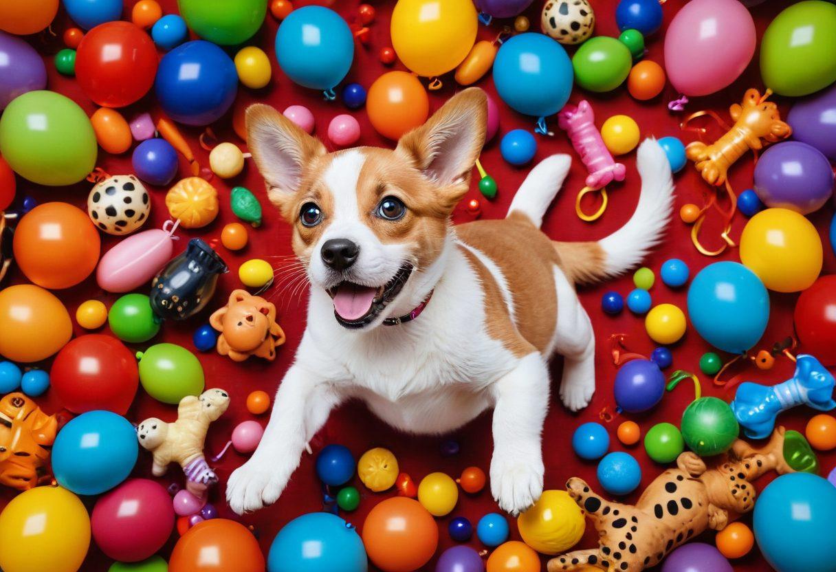 A joyful scene featuring a playful puppy and a curious kitten engaged in a hilarious mishap, surrounded by colorful toys and treats. Add whimsical elements like floating balloons and cartoonish speech bubbles with funny quotes. Emphasize warmth and humor in the atmosphere, showcasing the bond between pets. vibrant colors. cartoon style. heartwarming.