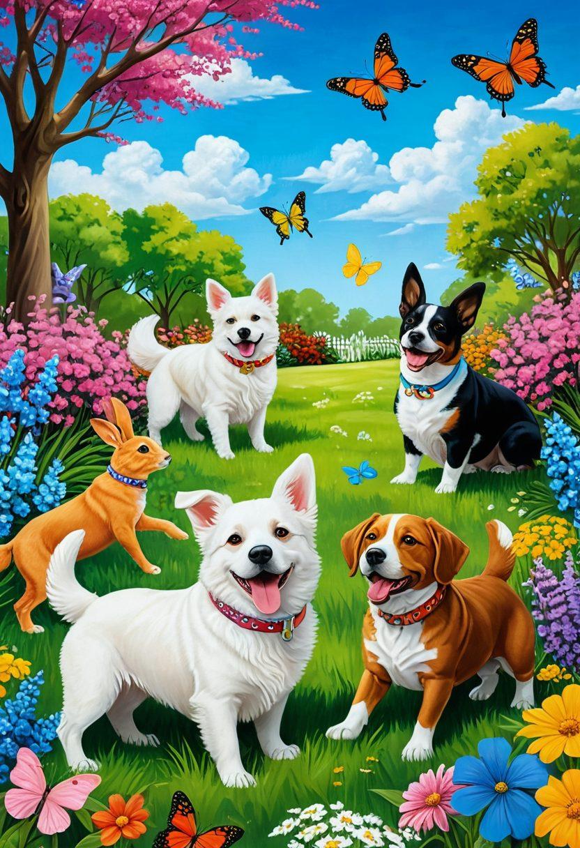 A whimsical scene of various pets, including dogs, cats, and rabbits, happily adventuring in a vibrant park filled with colorful flowers and playful butterflies. Capture the joyous expressions of the animals as they explore, with a backdrop of a bright blue sky and fluffy clouds. Include playful accessories like colorful collars and toys scattered around. super-realistic. vibrant colors. 3D.